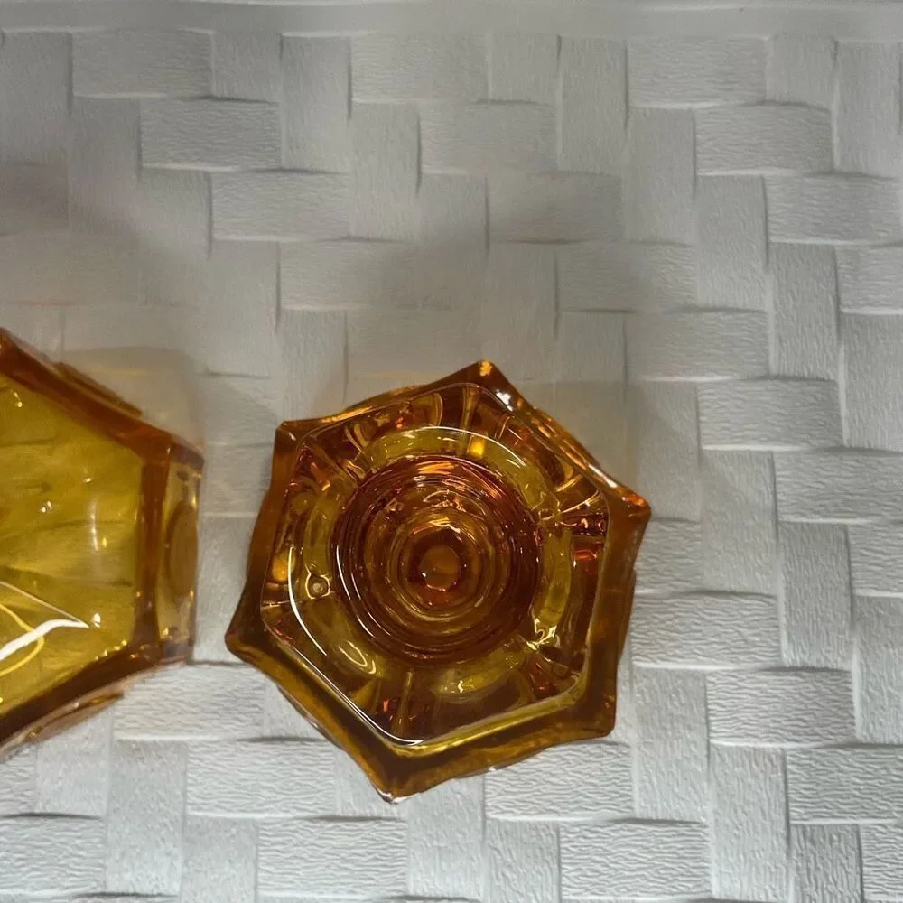 Set of 2 Vintage Amber Fostoria Coin Glass Candle Stick Holders 5” 4.5 INCH TALL